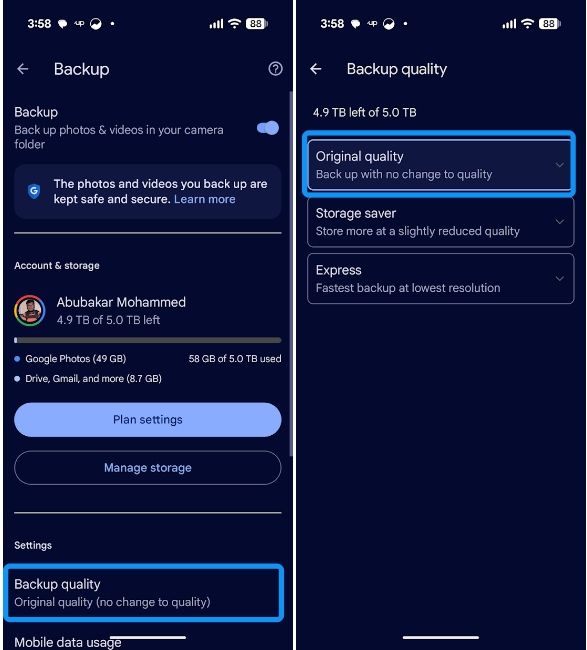 Google Photos Backup Quality settings