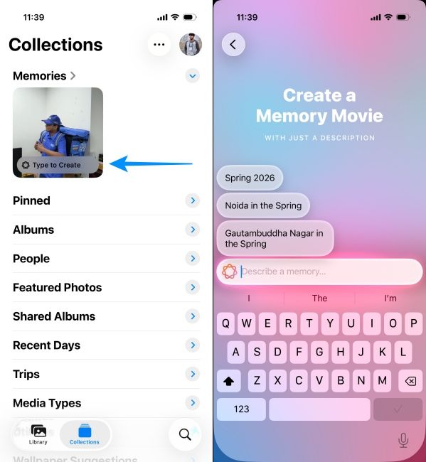 Photos App Memory Movie Feature option highlighted screenshots side by side Photos App Memory Movie Feature option highlighted screenshots side by side