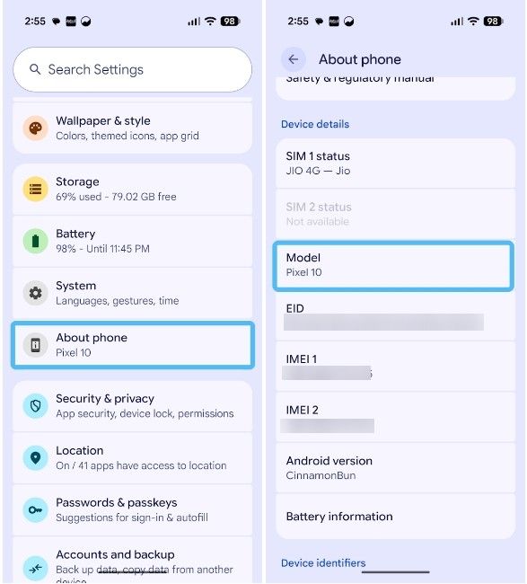 Google Pixel settings and model option