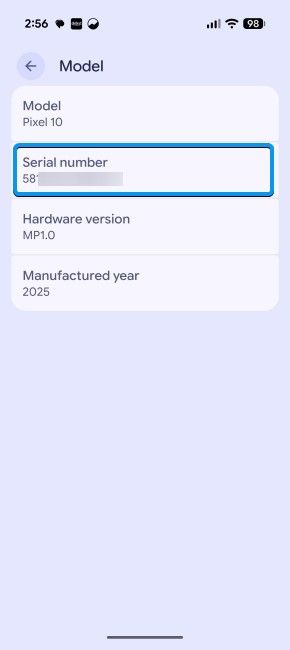 Google Pixel 10 serial number in the model page