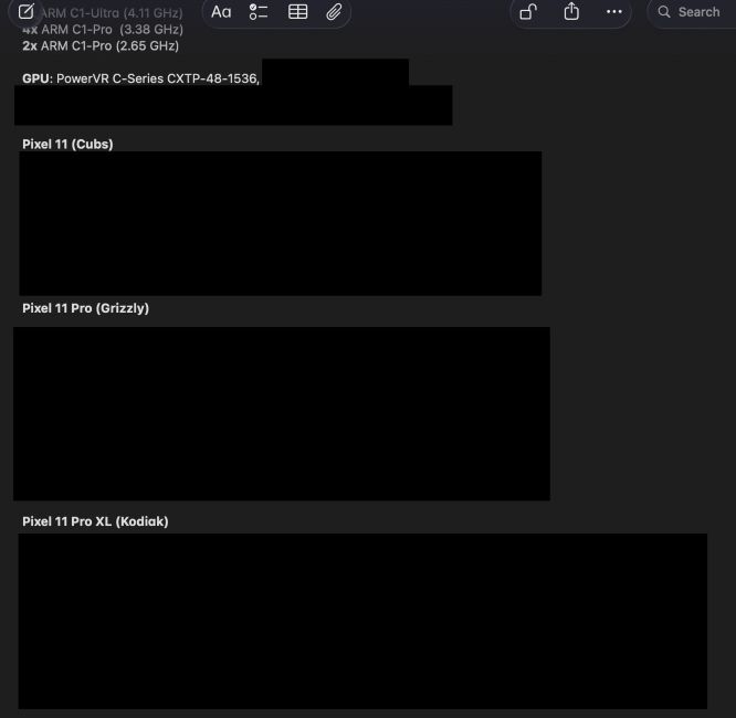 Google Pixel 11 series core architecture with phone codenames