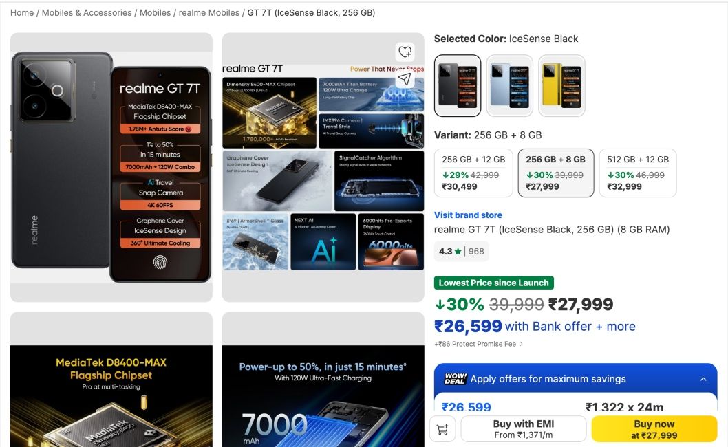 Realme GT 7T Flipkart product page screenshot 
