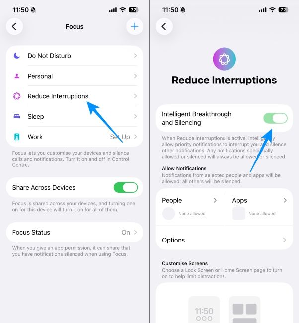 Reduce Interruptions Apple Intelligence Feature shown under Focus Mode settings iPhone screenshots Reduce Interruptions Apple Intelligence Feature shown under Focus Mode settings iPhone screenshots
