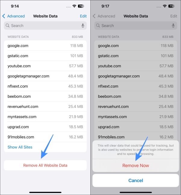 Remove All Website data to clear cache for the iPhone Safari browser app