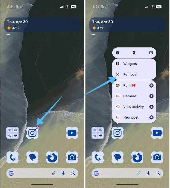 Remove app from Google Pixel Home screen