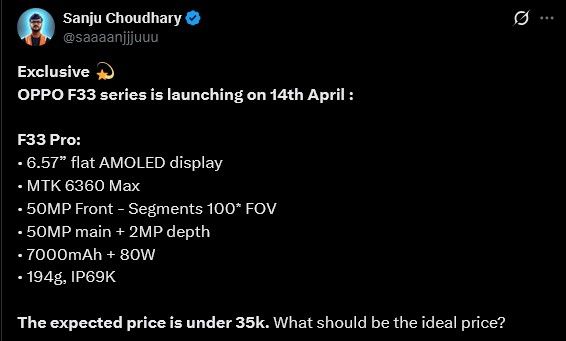 Oppo F33 series information specifications