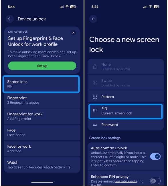 Android Device Unlock settings with screen lock and PIN