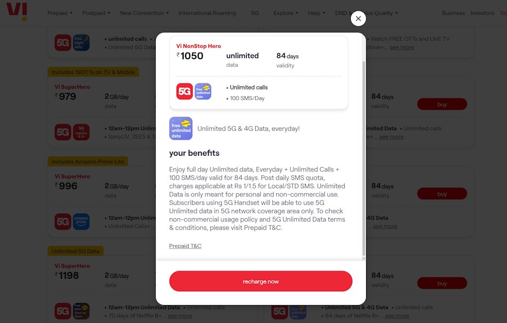 Vi Rs 1,050 prepaid plan Vi Rs 1,050 prepaid plan