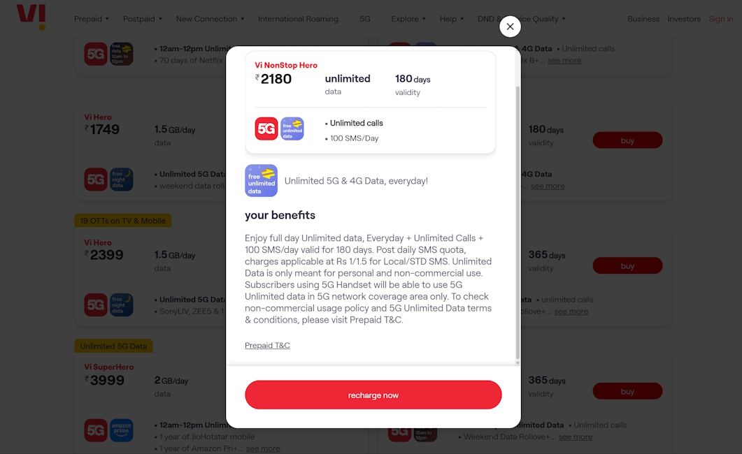 Vi Rs 2,180 prepaid plan Vi Rs 2,180 prepaid plan