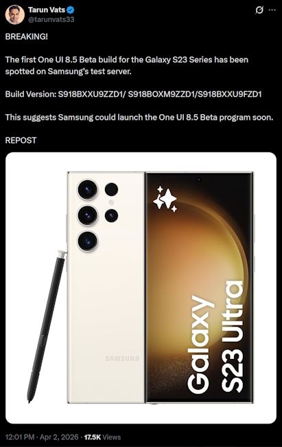 One UI 8.5 Beta 1 spotted for Galaxy S23 series