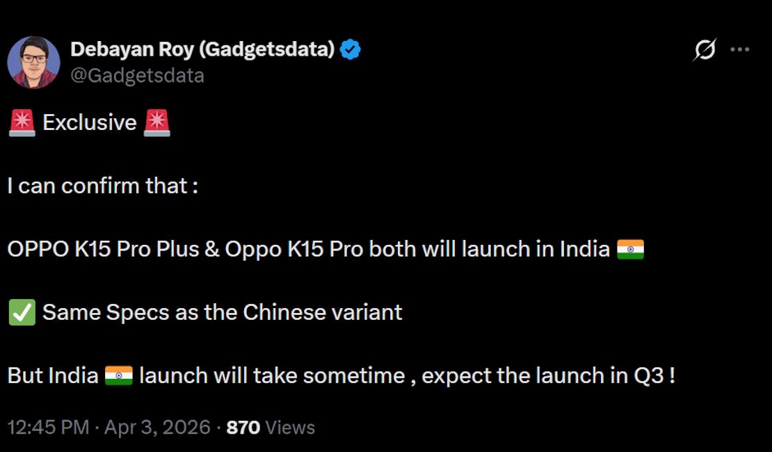 Oppo K15 Pro series India launch tipped to happen i  Q3 2026