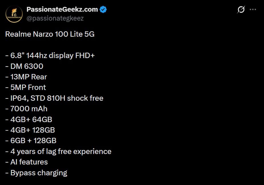 Realme Narzo 100 Lite 5G leaked specifications