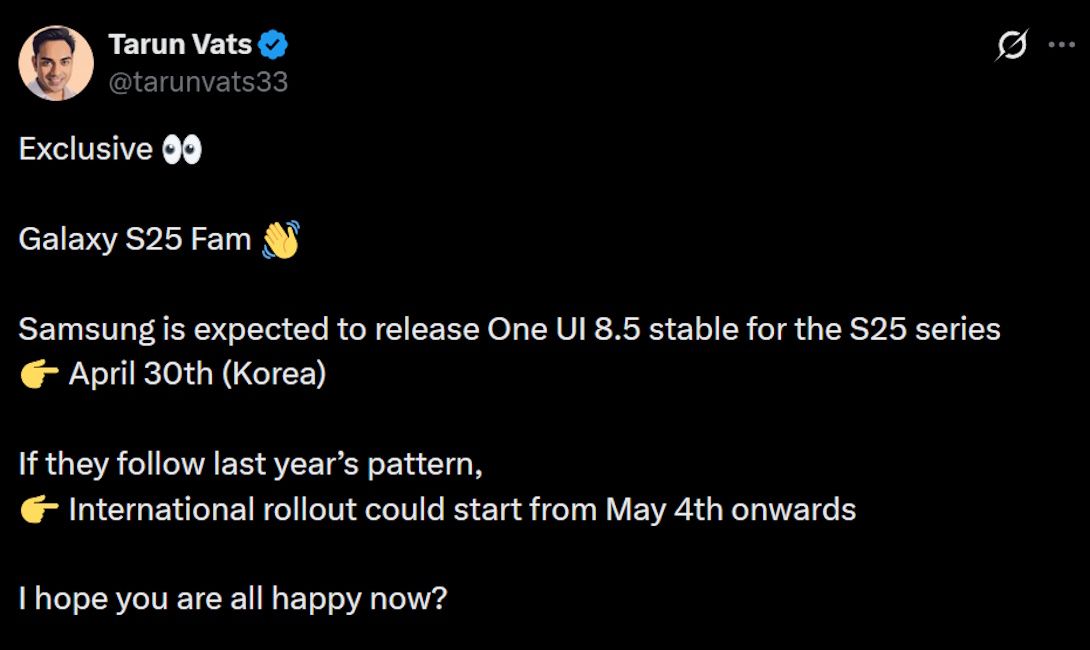 Galaxy S25 stable One UI 8.5 update rollout report