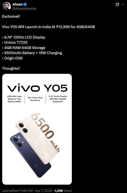 Vivo Y05 price in India  and specs leaked
