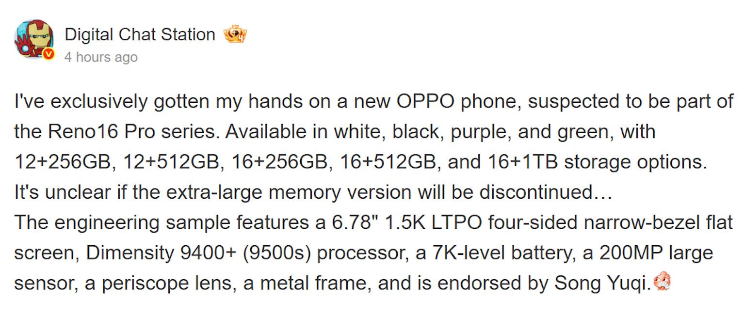 Oppo Reno 16 Pro leaked specs