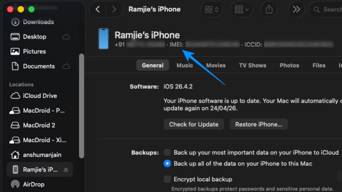 See iPhone IMEI number on Mac screenshot with annotation pointing at the IMEI number