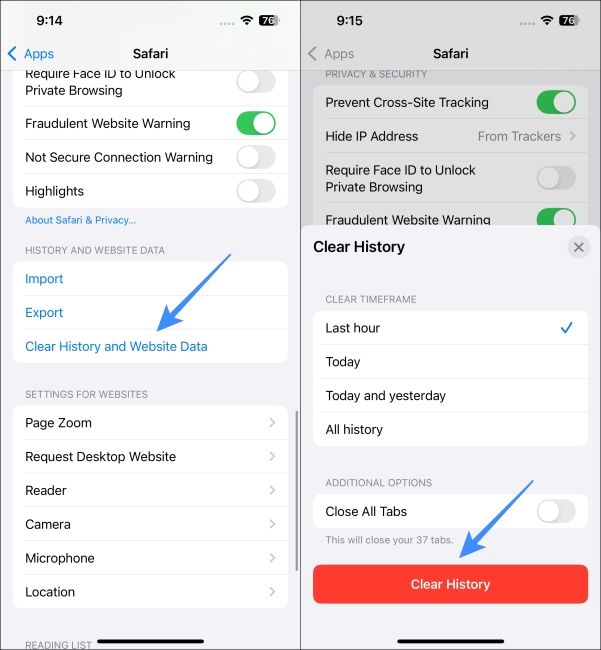 Select Clear History and Website Data for Safari to clear its cache on iPhone