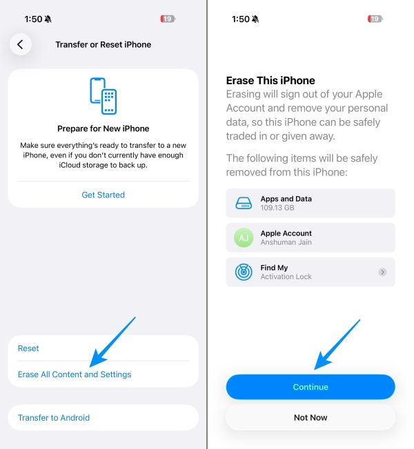 Select Erase All Content and Settings to reset iPhone