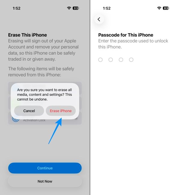 Select Erase iPhone and enter your iPhone passcode screenshots Select Erase iPhone and enter your iPhone passcode screenshots