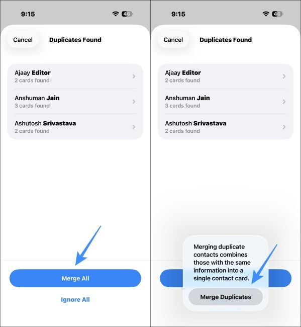 Select Merge All Contact on iPhone