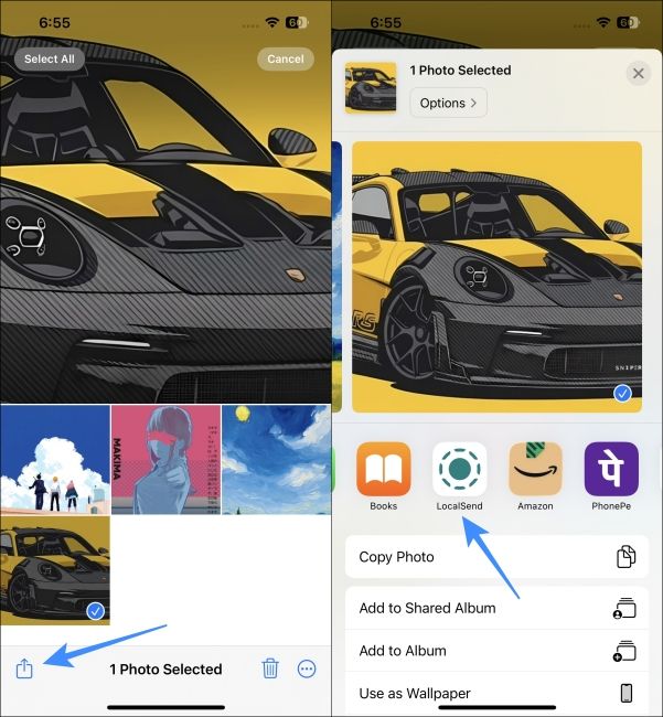 Select an image on iPhone and share it to the Local Send app