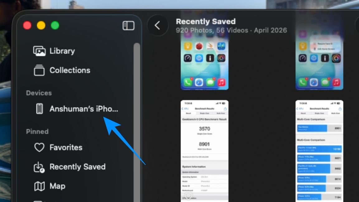 Select iPhone from the Mac Photos App