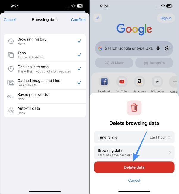 Select items and tap Delete data on Google Chrome browser on iPhone