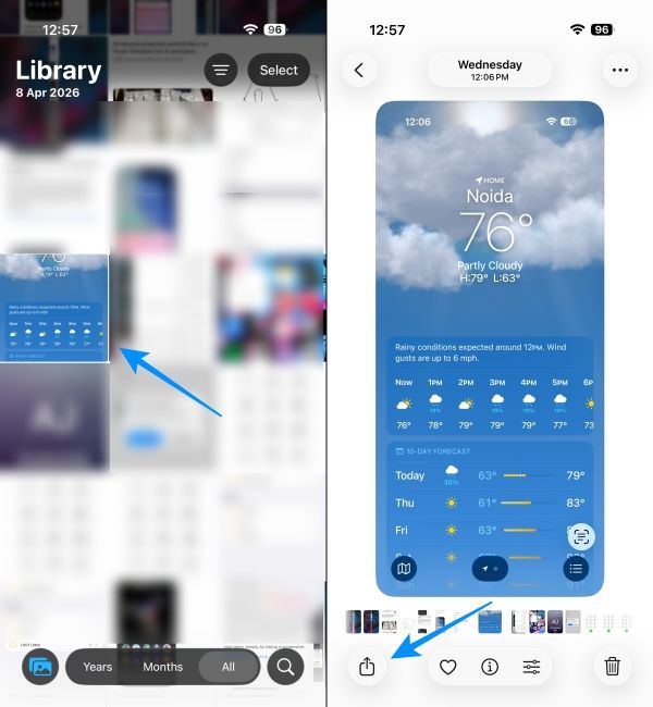 Select photos and tap on the share option
