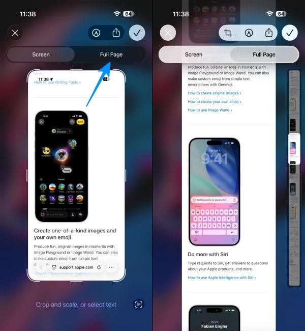 Select the Full Page option to take a long screenshot on an iPhone