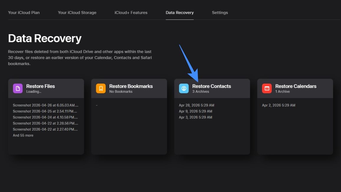 Select the Restore Contacts option in iCloud website