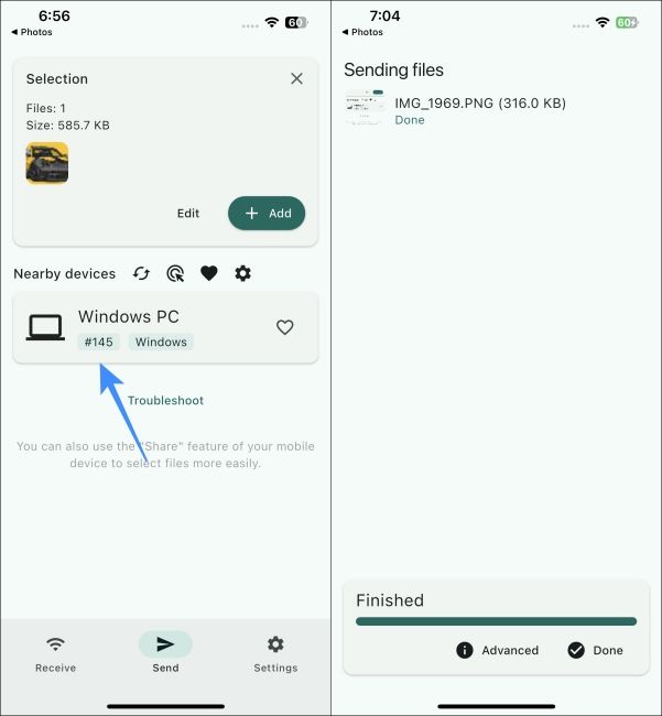 Select the Windows PC to transfer iPhone Photos to the PC in LocalSend