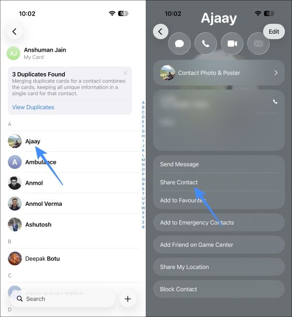 Select the contact to share on AirDrop