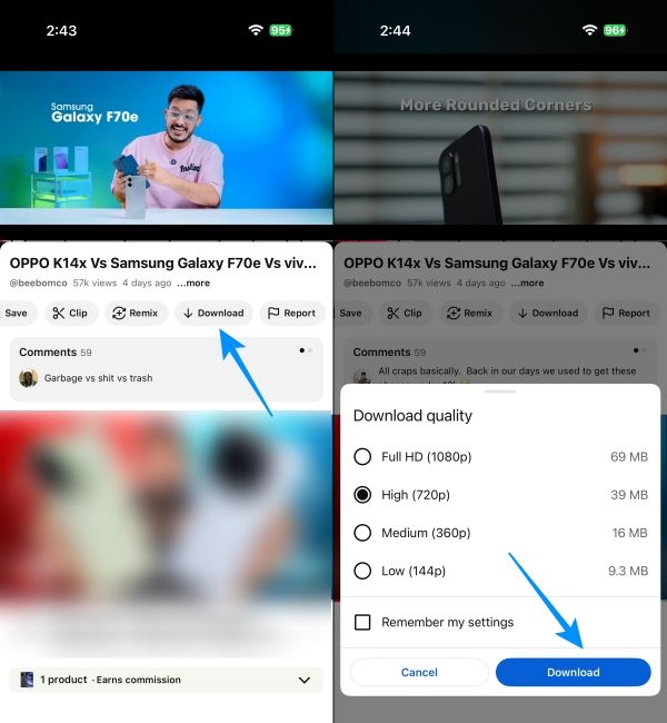 Select the quality to download YouTube video using YouTube Premium 