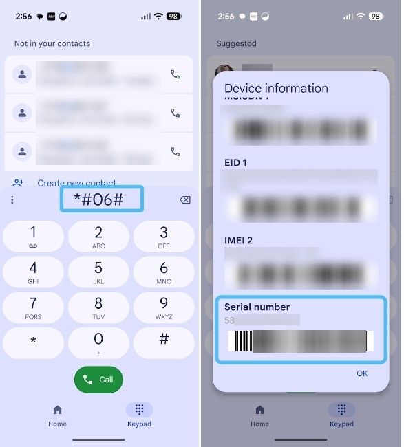 Google Pixel dialer and Serial number