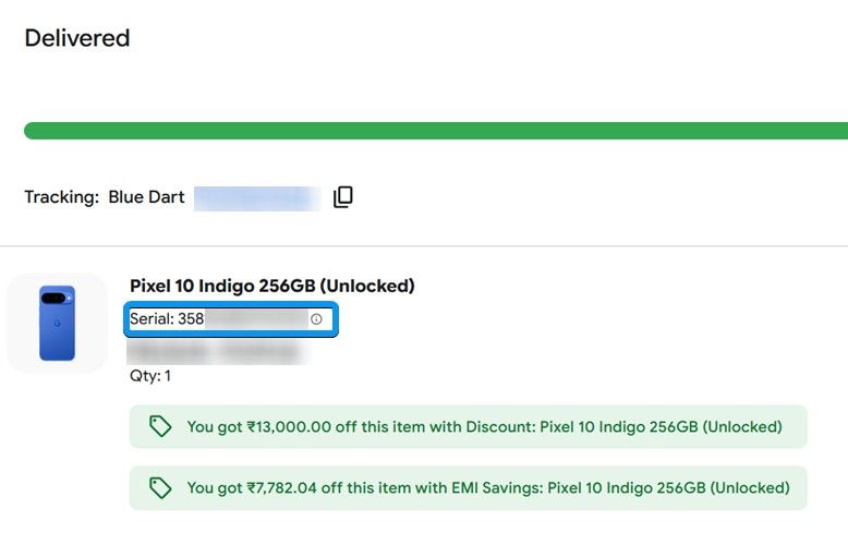 Google Pixel 10 serial number in orders