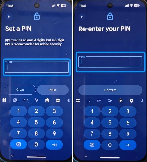 Set a PIN on Android and re-enter your PIN
