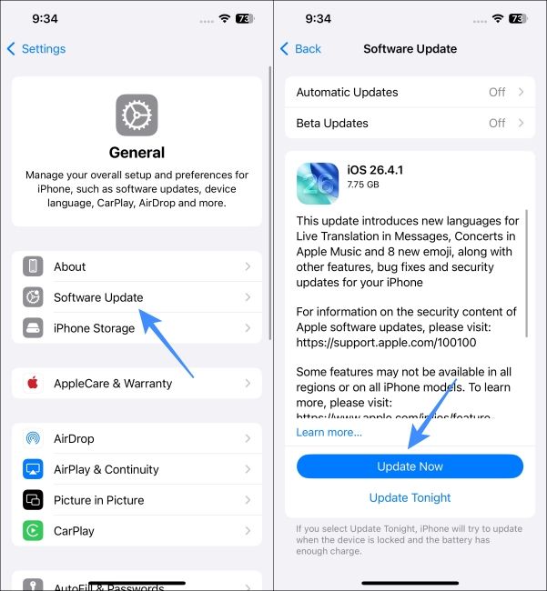 Software Update Page in iPhone screenshots