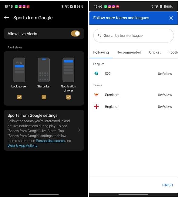 Sports by Google live notifications for scores