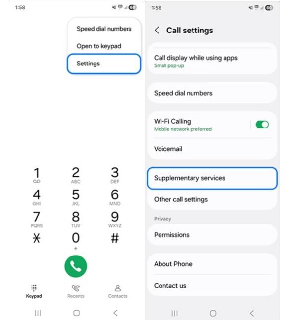 Samsung Dialer Settings and Supplementary services option
