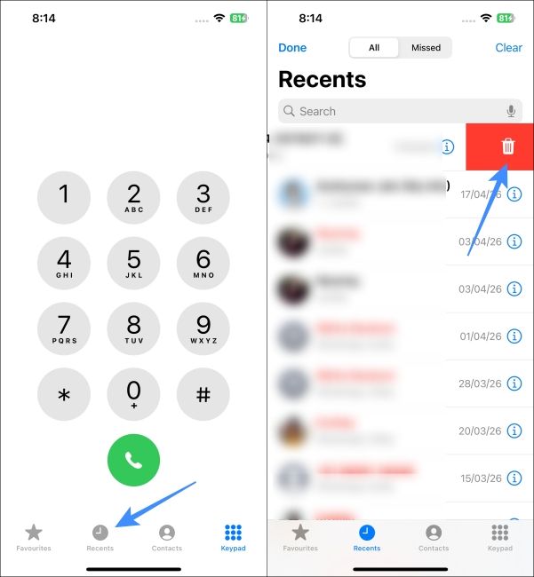 Swipe to Delete Call History