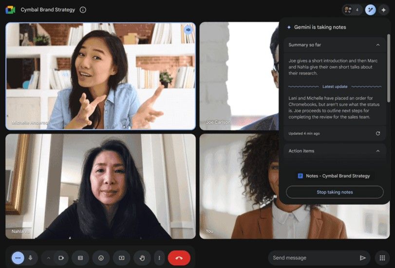 Google Gemini Take Notes For Me feature in action during a meeting