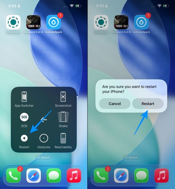 Tap Restart in AssistiveTouch Options and confirm your action on iPhone Tap Restart in AssistiveTouch Options and confirm your action on iPhone