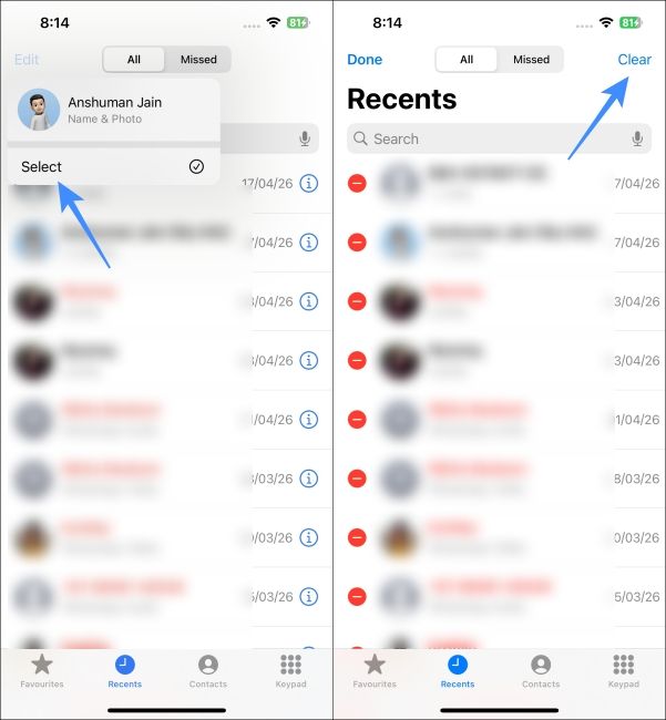 Tap Select and Clear to clear all calls