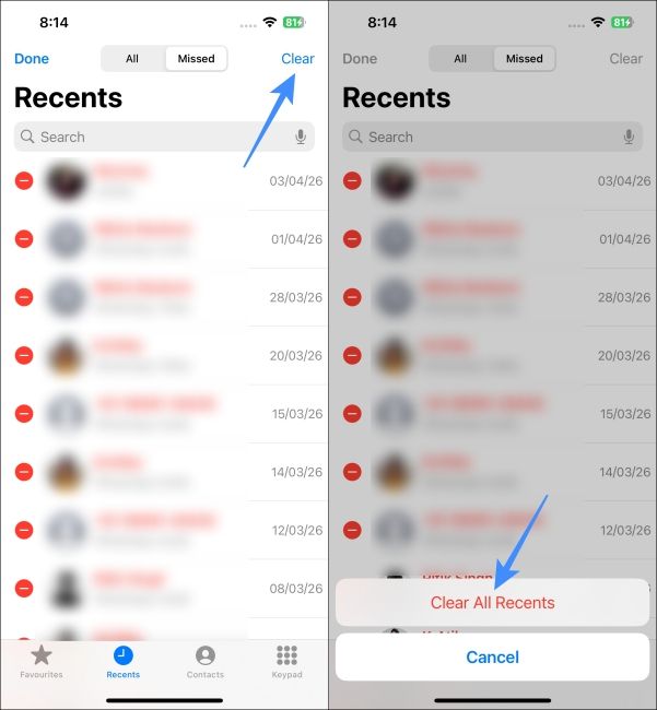 Tap on Clear All Recents to delete Call History on iPhone
