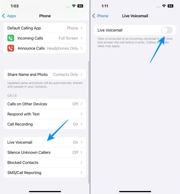 Turn of Voicemail toggle in an iPhone