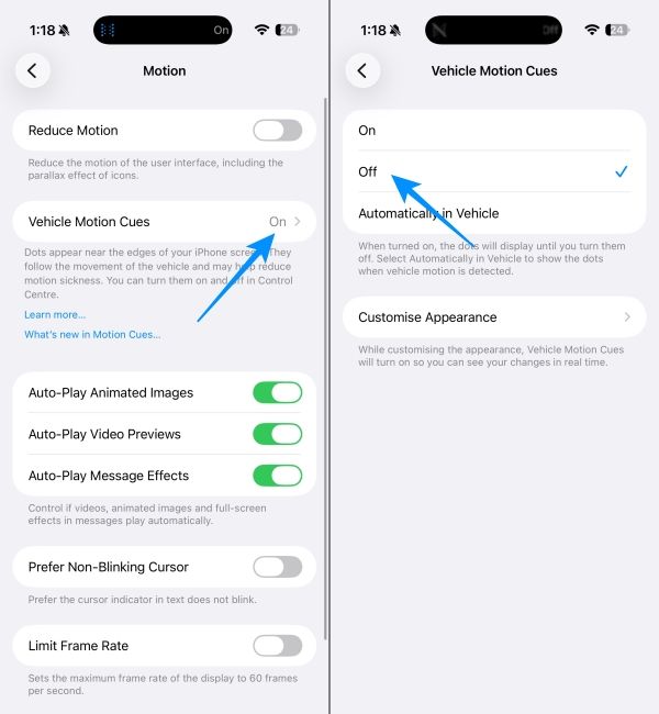 Turn off Vehicle Motion cues feature on iPhone