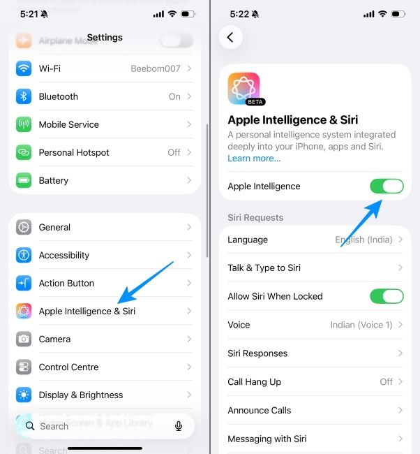 Turn on Apple Intelligence in iPhone Settings App Screenshots side by side Turn on Apple Intelligence in iPhone Settings App Screenshots side by side