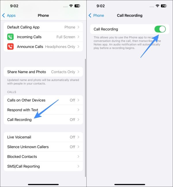Turn on Call Recording from iPhone settings app