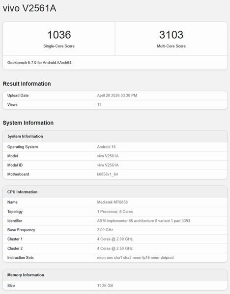 Vivo Y600 Pro Geekbench listing