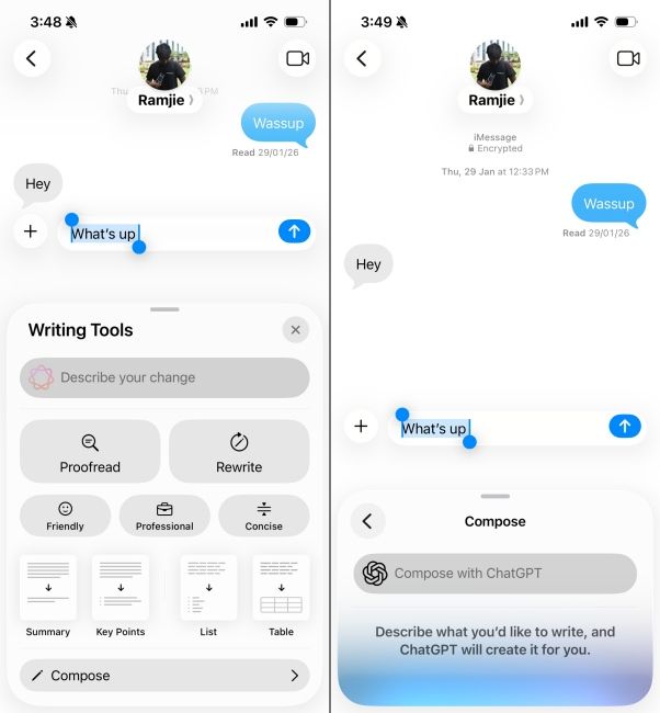 Writing Tools Showcase in iOS Messages App Screenshots side by side Writing Tools Showcase in iOS Messages App Screenshots side by side